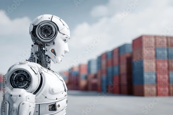 Fototapeta Robot stands in a shipping yard surrounded by colorful containers under bright sky
