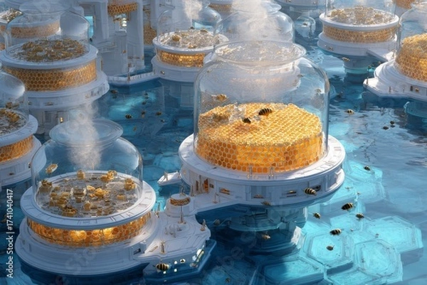 Fototapeta Innovative underwater city showcases honey production with advanced technology and thriving bee colonies amidst a vibrant ocean environment