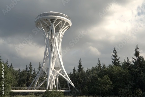 Fototapeta Unique architectural water tower stands amidst lush trees under a cloudy sky with a captivating design in an outdoor setting
