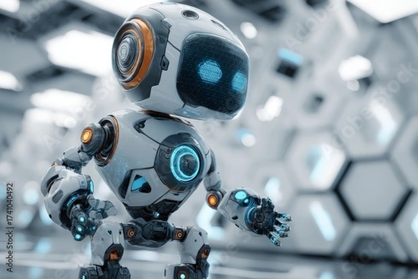 Fototapeta Cute robot exploring a futuristic laboratory filled with hexagonal structures and bright lights