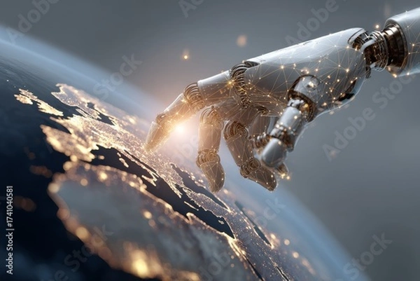 Fototapeta Futuristic robotic hand reaching towards Earth with glowing connections in a digital landscape at dusk