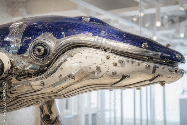 Fototapeta Metallic whale sculpture displayed indoors showcasing intricate details and craftsmanship in a modern gallery setting
