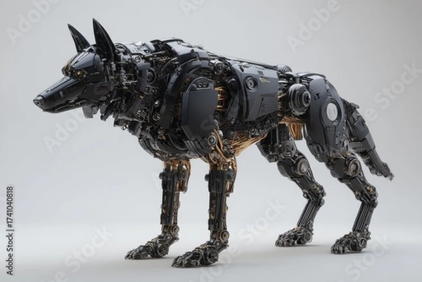 Fototapeta Robot wolf stands in a minimalist setting showcasing advanced technology with intricate mechanical details and a sleek design