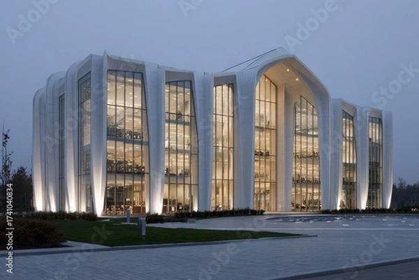 Fototapeta Modern architectural design of a cultural center in evening light showcasing striking white features and glass facade