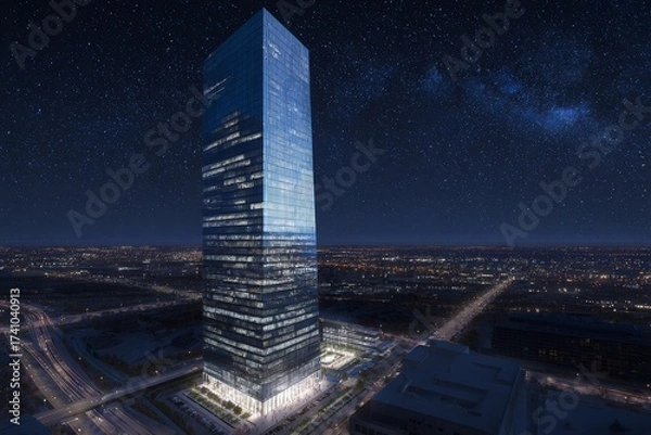 Fototapeta Modern skyscraper illuminated at night with stars and city lights in the background showcasing urban architecture