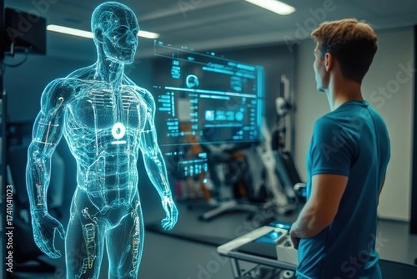 Fototapeta Man interacts with holographic human anatomy model in a modern gym setting