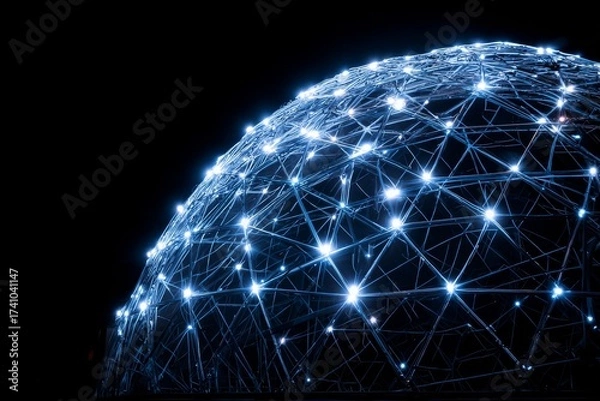 Fototapeta Brightly lit dome structure showcases intricate network design at night