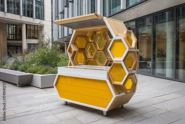 Fototapeta Modern bee-inspired kiosk designed with hexagonal patterns located in an urban garden during daylight hours