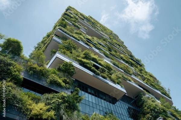 Fototapeta Innovative green architecture in a modern building showcasing vertical gardens on a sunny day