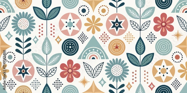 Fototapeta Geometric floral pattern with folk art style elements in pastel colors for textile and surface design