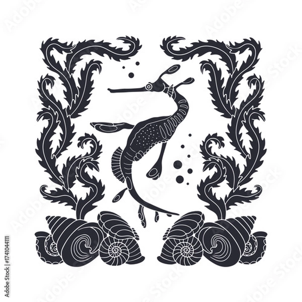 Fototapeta Art nouveau style seadragon swimming in ocean amongst seaweed and shells hand drawn vector illustration