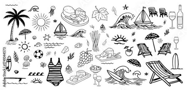 Fototapeta summer, beach, tropical, sea, ocean, surf, surfing, surfboard, wave, sun, palm tree, vacation, holiday, seaside, doodle, hand drawn, illustration, vector, coastal, relaxation, sunshine, tropical vibes