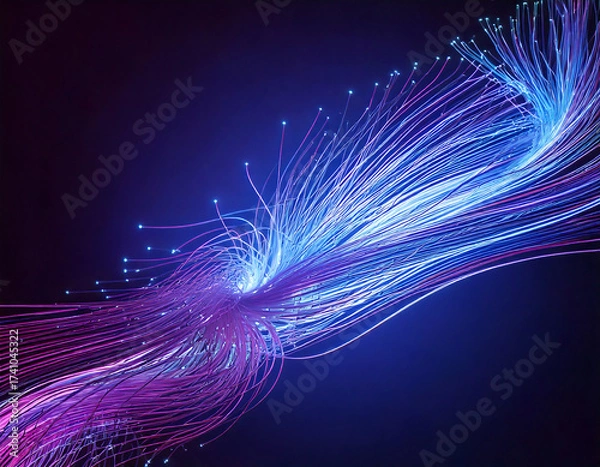Fototapeta Abstract background of electric cables and glowing fiber optics, Light trail effect. 
