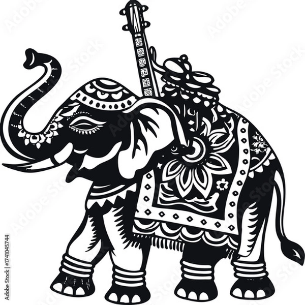 Fototapeta Black silhouette of an elephant with decorative patterns and a guitar