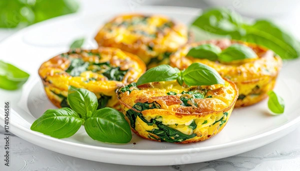 Fototapeta Mini frittatas with spinach on white plate, basil leaves. AI