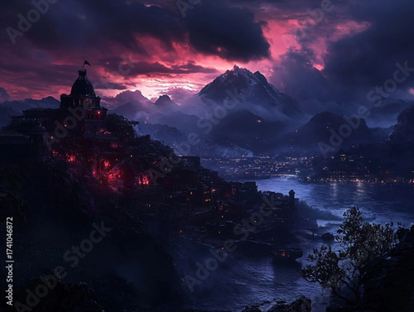 Fototapeta City in the Bay, Abstract landscape, dark mountains peak in fog above dark mysterious lake. 