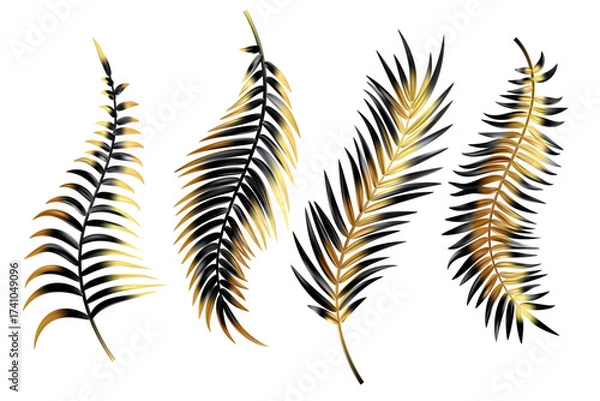 Obraz Gold and black palm leaves. Vector coconut tree branch isolated on white background. Exotic realistic foliage set. Branch decoration for luxury design. Botanical graphic elements collection