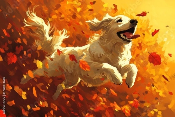 Fototapeta Golden retriever joyfully running through autumn leaves