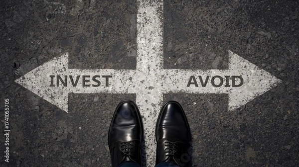 Fototapeta Business Decision Concept: Invest or Avoid Choice Depicted by Arrows on Asphalt