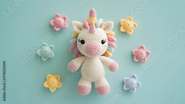 Fototapeta Cute crocheted unicorn surrounded by small colorful star shaped toys on a teal background