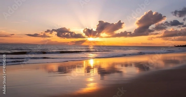 Fototapeta Golden sunset over the ocean with dramatic clouds and reflections on wet sand