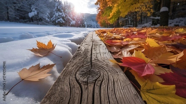 Fototapeta Split image showing autumn leaves and winter snow on a wooden fence post