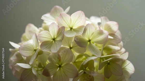Fototapeta Close up of delicate white hydrangea flower cluster with soft lighting