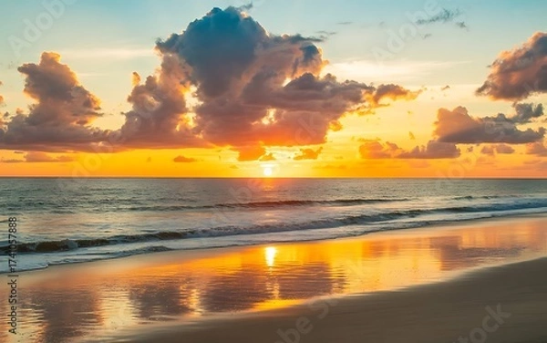 Fototapeta Dramatic sunset over the ocean with colorful clouds and reflections on wet sand