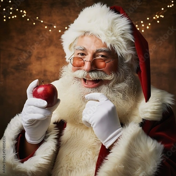 Fototapeta Santa claus holding a red apple with a festive background
