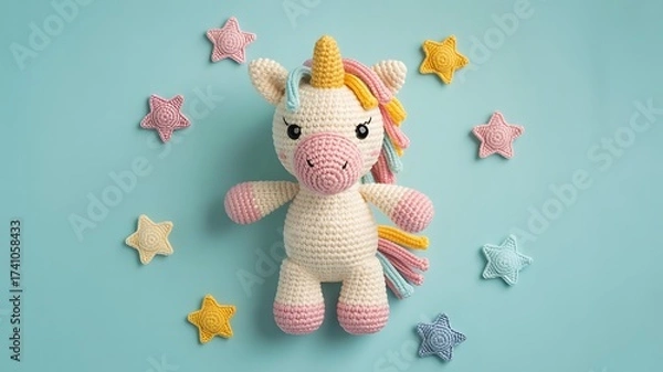 Fototapeta Cute crocheted unicorn toy surrounded by colorful star shapes on a blue background