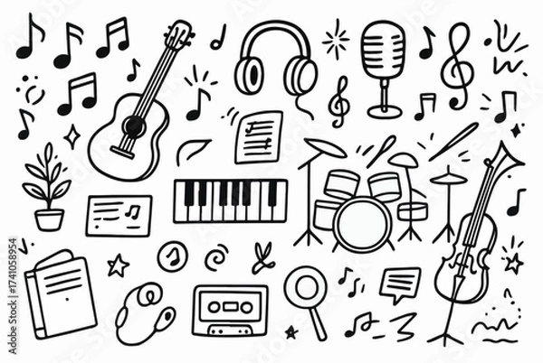 Fototapeta Hand-drawn Doodle Style Vector Set of Music Elements, Black Outline Sketch Illustrations, Ideal for Both Digital and Print Use
