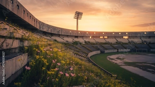 Fototapeta Empty stadium seating under a warm sunset with stadium lights