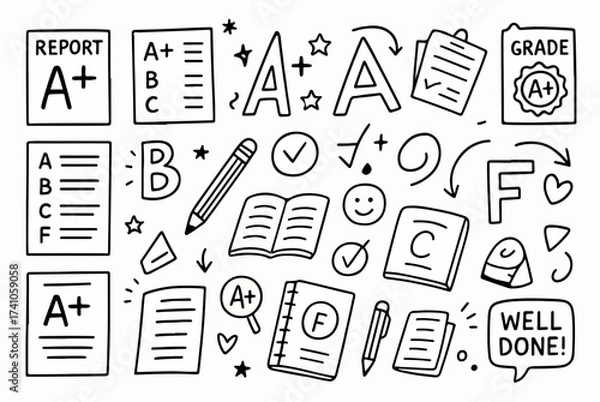 Fototapeta Hand-drawn Doodle Style Vector Set of Report Cards and Grades, Black Outline Sketch Illustrations, Ideal for Both Digital and Print Use
