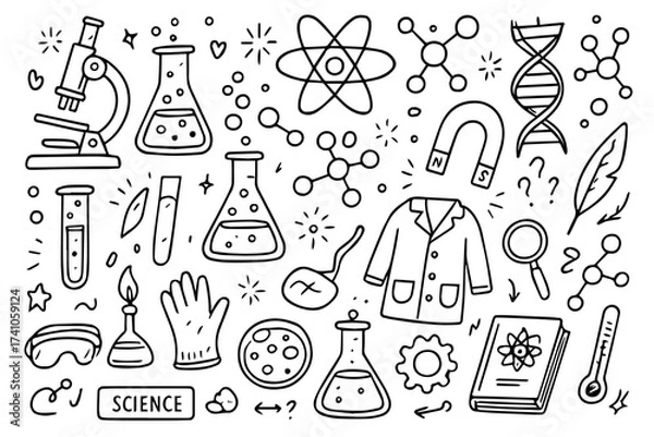 Fototapeta Hand-drawn Doodle Style Vector Set of Science Elements, Black Outline Sketch Illustrations, Ideal for Both Digital and Print Use
