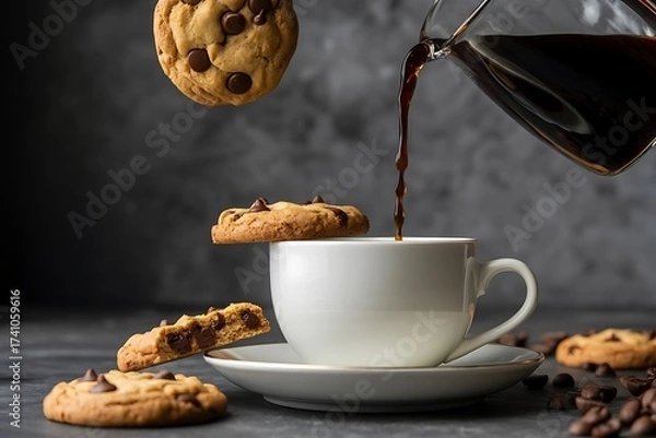 Fototapeta Coffee pouring into cup with floating chocolate chip cookies