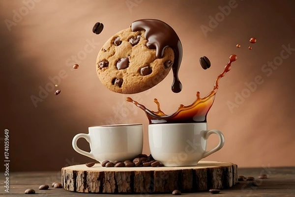 Fototapeta Chocolate drizzled cookie floating over coffee splash and mugs
