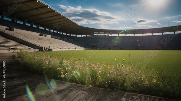 Fototapeta Empty soccer stadium with lush green field and dramatic sky