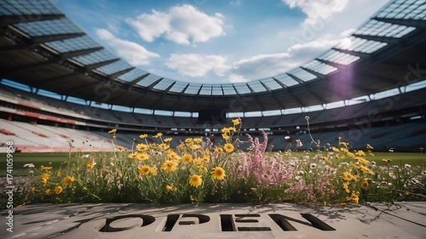Fototapeta Sunflowers bloom in a stadium with the word open on the ground