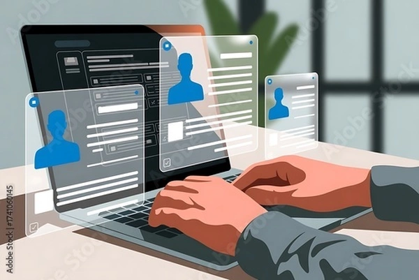 Fototapeta Hands typing on laptop with digital profiles and resumes on screen