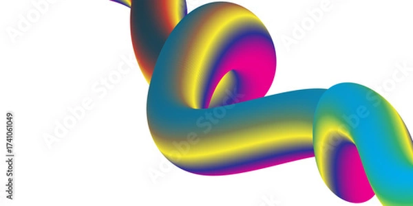 Fototapeta A vibrant, abstract colorful background displays a 3d plastic toy symbol with a swirling blue knot design and wave shape illustration