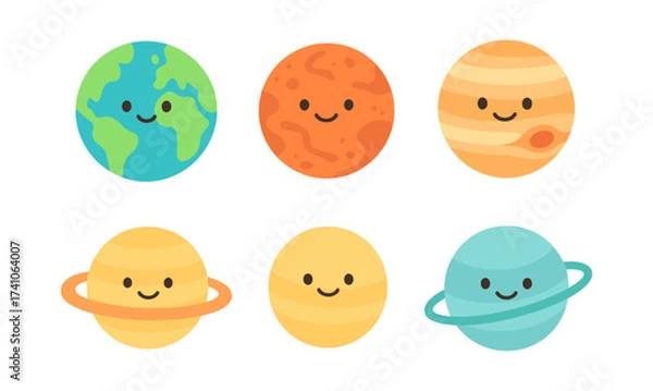 Fototapeta Cute cartoon planets with smiling faces: earth, mars, jupiter, saturn, uranus - adorable space design