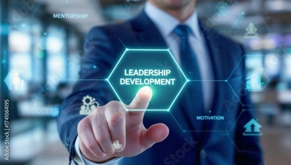 Fototapeta Person Touching Glowing Hexagon with Leadership Development and Motivational Concepts