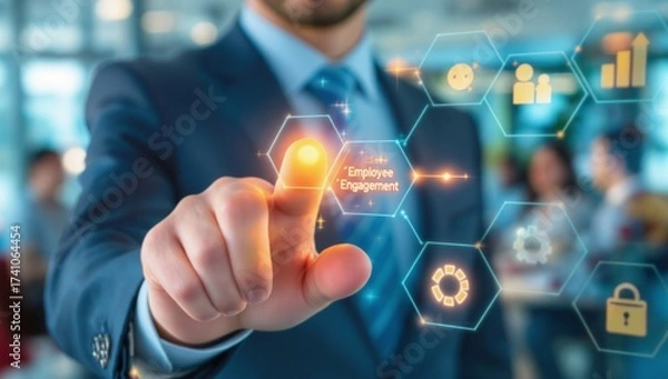 Fototapeta Professional Man Touching Glowing Interface Element in Modern Office Environment