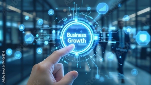 Fototapeta Person Touching Glowing Business Growth Icon on Digital Interface in Modern Office Environment
