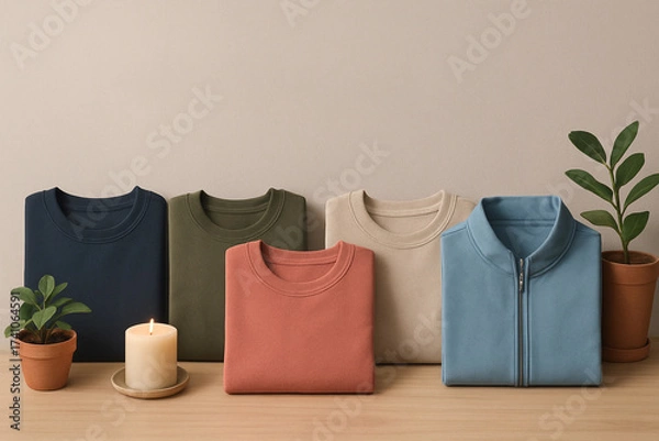 Fototapeta a collection of knitwear, including several T-shirts and one zippered jacket.