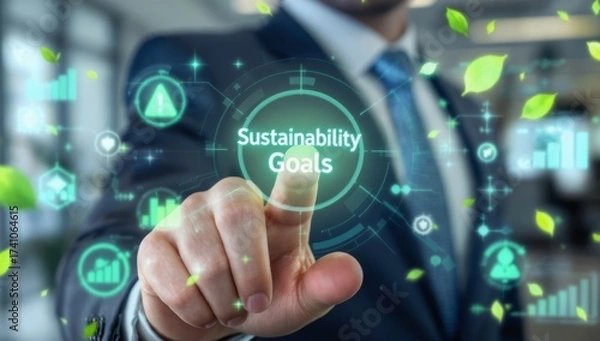 Fototapeta Businessman Touching Interactive Sustainability Goals Interface with Glowing Symbols
