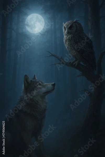 Fototapeta a wolf and an owl in a dark forest, lit by the light of a full moon.