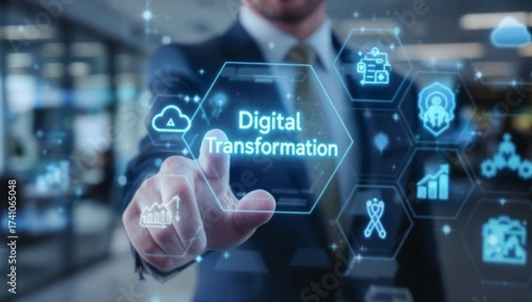 Fototapeta Businessman Touching Glowing Digital Transformation Interface in Modern Office Environment