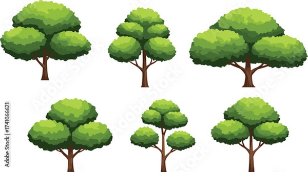 Obraz Six illustrated trees, foliage design, deciduous and stylized trees, landscaping elements, garden planning asset, vector plants, outdoor environment, nature education, greenery icons
