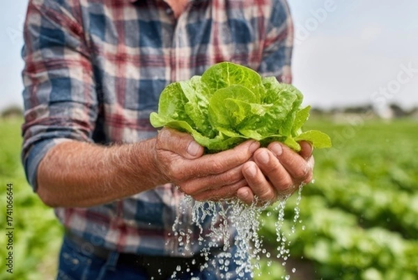 Obraz A close-up of a farmer's hands holding a freshly washed, vibrant green head of lettuce, with water dripping.
